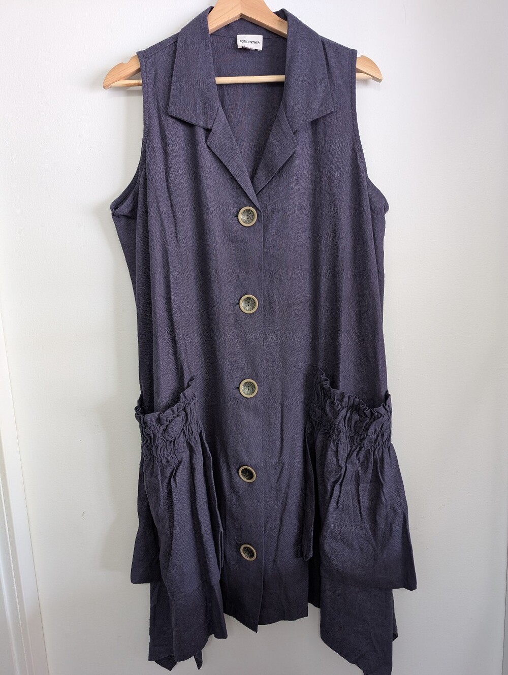 Forcynthia Large Linen Dress Oversized Flowy Boho Ruffles Navy Blue Button Down